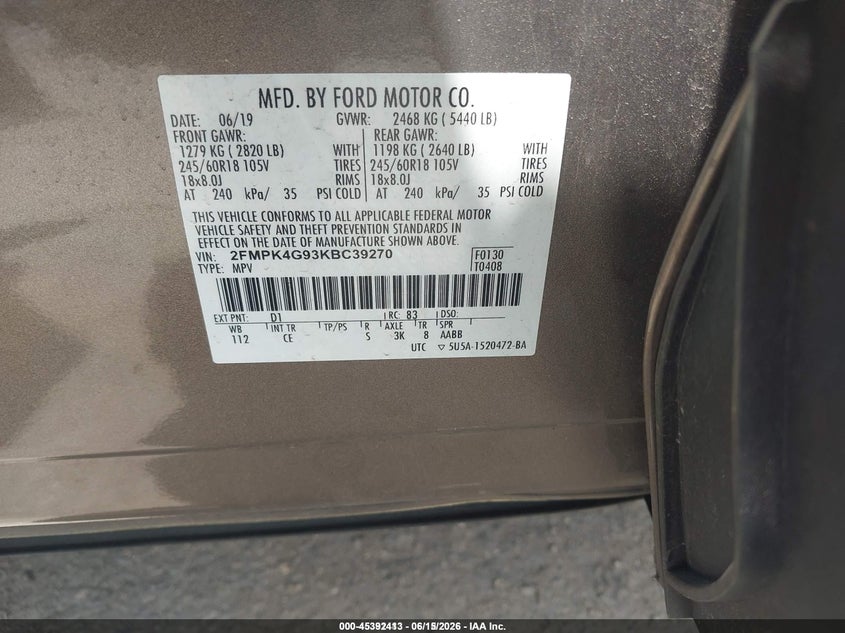 2019 Ford Edge VIN 2FMPK4G93KBC39270 IAAI salvage auction — NORMAL WEAR, Sf97 (New Hampshire), sold $8,200 on 2026-07-31 (photo 9)