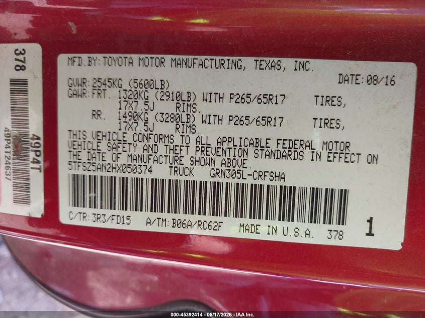 2017 Toyota Tacoma VIN 5TFSZ5AN2HX050374 IAAI salvage auction — LEFT SIDE, Clear (Tennessee), sold $5,500 on 2026-07-23 (photo 9)