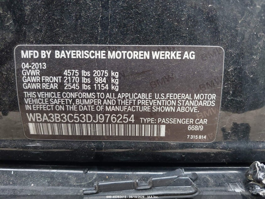 2013 BMW 3er VIN WBA3B3C53DJ976254 IAAI salvage auction — SIDE, Mv-907A (New York), sold $750 on 2026-07-07 (photo 9)