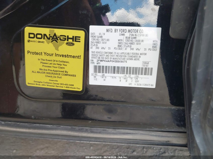 2019 Ford Edge VIN 2FMPK4AP6KBB69075 IAAI salvage auction — LEFT FRONT, Original (Texas), sold $25 on 2026-08-01 (photo 9)