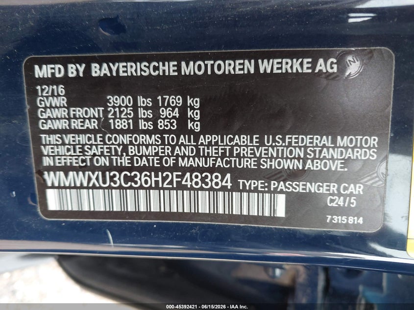 2017 Mini VIN WMWXU3C36H2F48384 IAAI salvage auction — NORMAL WEAR, Original (Texas), sold $2,150 on 2026-07-27 (photo 9)