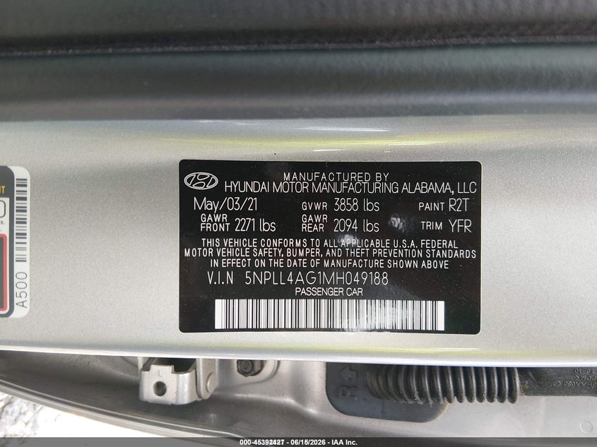 2021 Hyundai Elantra VIN 5NPLL4AG1MH049188 IAAI salvage auction — NORMAL WEAR, SF97 (Maryland), sold $5,100 on 2026-07-21 (photo 9)