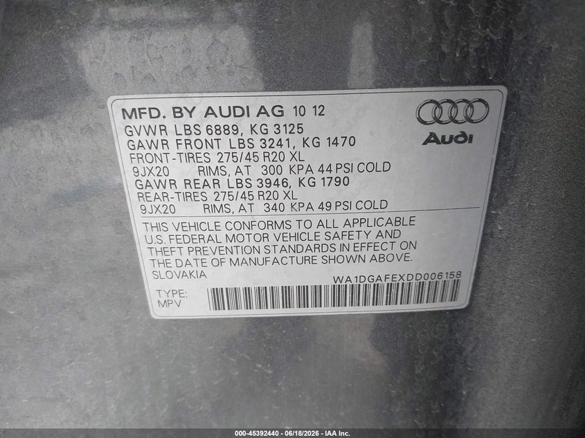 2013 Audi Q7 VIN WA1DGAFEXDD006158 IAAI salvage auction — FRONT END, Salvage (Montana), sold $2,850 on 2026-07-22 (photo 9)