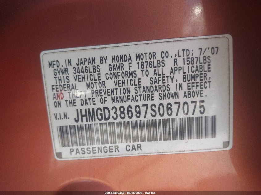 2007 Honda Fit VIN JHMGD38697S067075 IAAI salvage auction — FRONT END, Salvage - Greater Than 75% (Maryland), sold $475 on 2026-07-29 (photo 9)