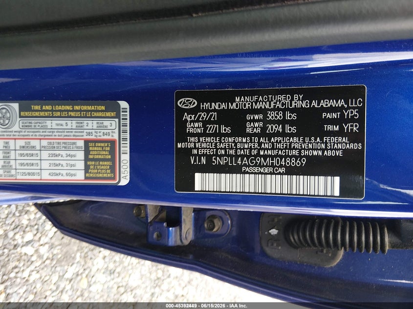 2021 Hyundai Elantra VIN 5NPLL4AG9MH048869 IAAI salvage auction — NORMAL WEAR, SF97 (Maryland), sold $6,600 on 2026-07-21 (photo 9)