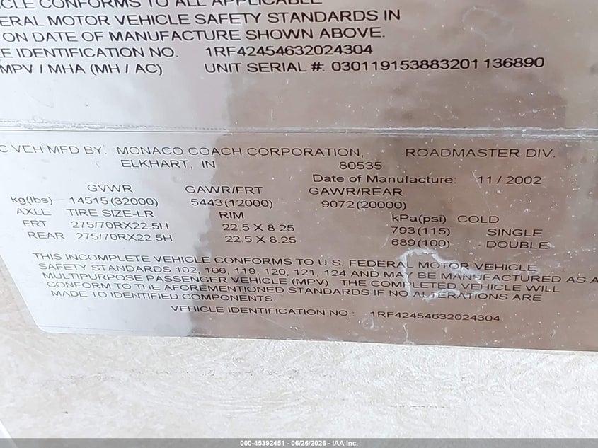 2003 Roadmaster rail Monocoque VIN 1RF42454632024304 IAAI salvage auction — FRONT & REAR, Salvage - Greater Than 75% (Maryland), sold $1,700 on 2026-07-29 (photo 9)