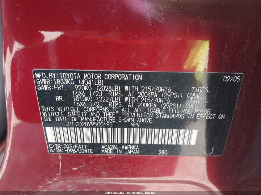 2005 Toyota Rav 4 VIN JTEGD20V950069511 IAAI salvage auction — LEFT SIDE, Original (Texas), sold $1,550 on 2026-07-29 (photo 9)