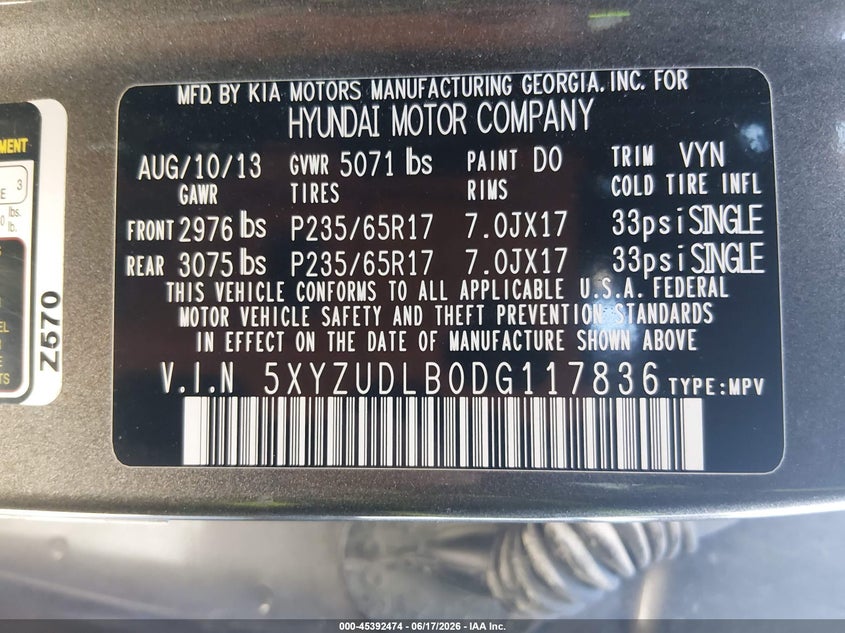 2013 Hyundai Santa fe VIN 5XYZUDLB0DG117836 IAAI salvage auction — FRONT END, Salvage (Missouri), sold $625 on 2026-07-22 (photo 9)