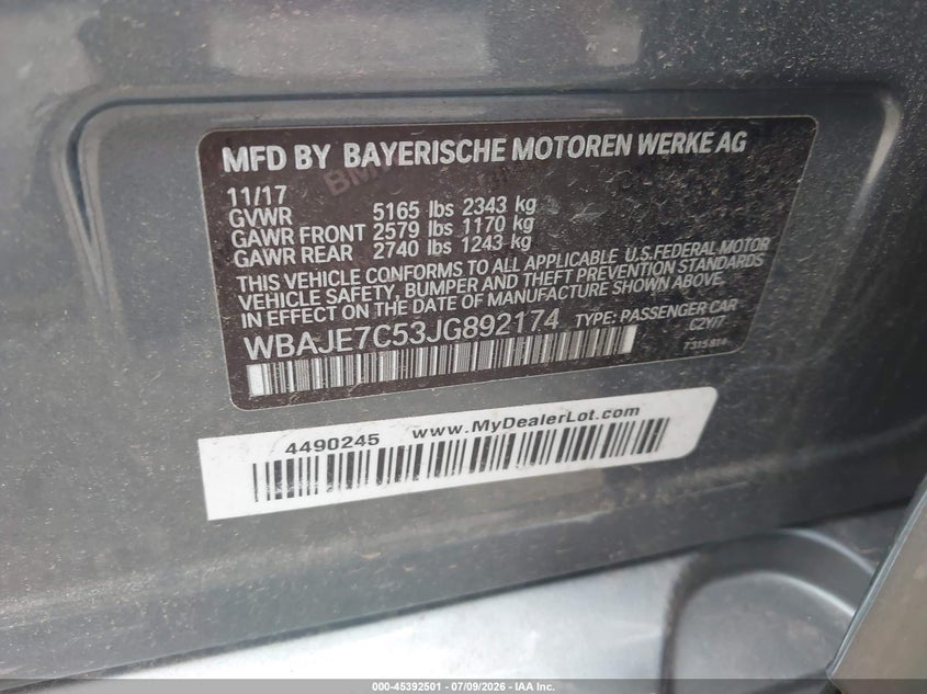 2018 BMW VIN WBAJE7C53JG892174 IAAI salvage auction — FRONT END, Salvage Title, sold $25 on 2026-07-21 (photo 9)