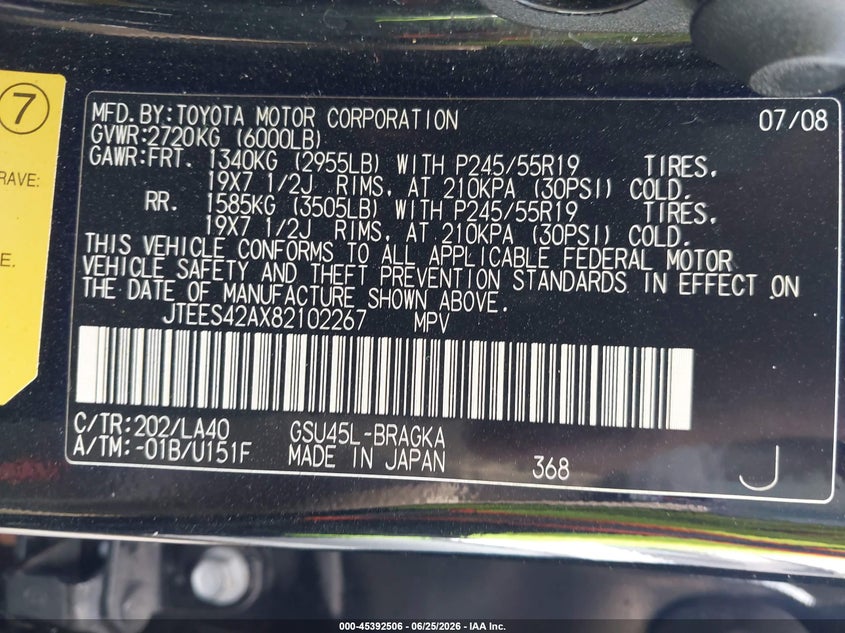 2008 Toyota Highlander VIN JTEES42AX82102267 IAAI salvage auction — NORMAL WEAR, Clear (Florida), sold $2,650 on 2026-07-20 (photo 9)