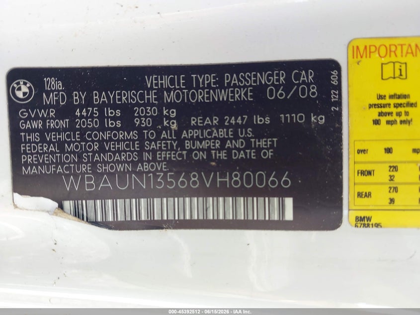 2008 BMW 1 series VIN WBAUN13568VH80066 IAAI salvage auction — NORMAL WEAR, Clear (Georgia), sold $450 on 2026-07-10 (photo 9)
