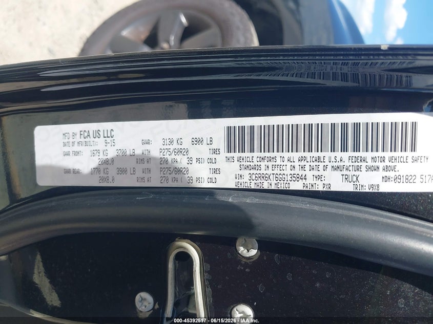 2016 Ram 1500 VIN 3C6RR6KT6GG135844 IAAI salvage auction — REAR END, Salvage (Mississippi), sold $2,850 on 2026-07-31 (photo 9)