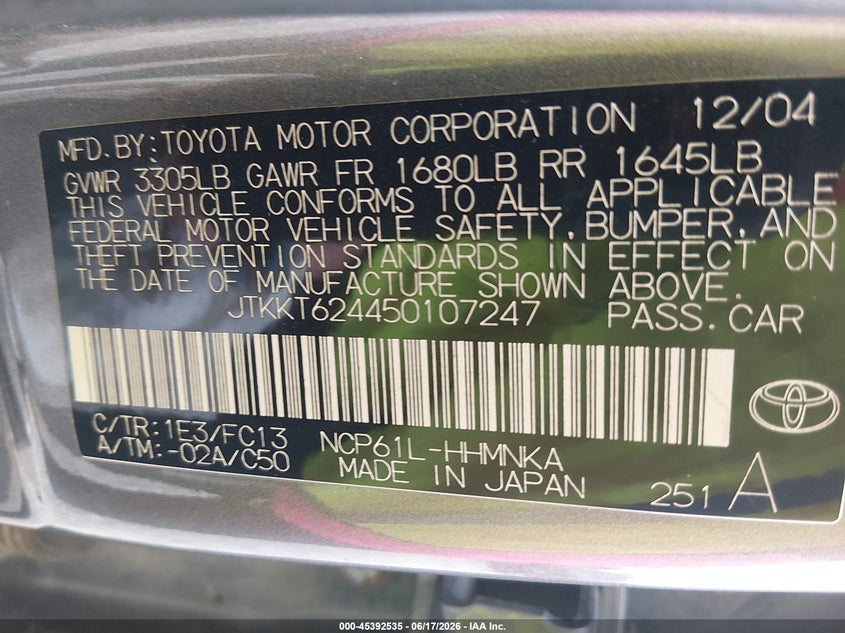 2005 Scion Xa VIN JTKKT624450107247 IAAI salvage auction — NORMAL WEAR, Original (Kentucky), sold $475 on 2026-07-13 (photo 9)