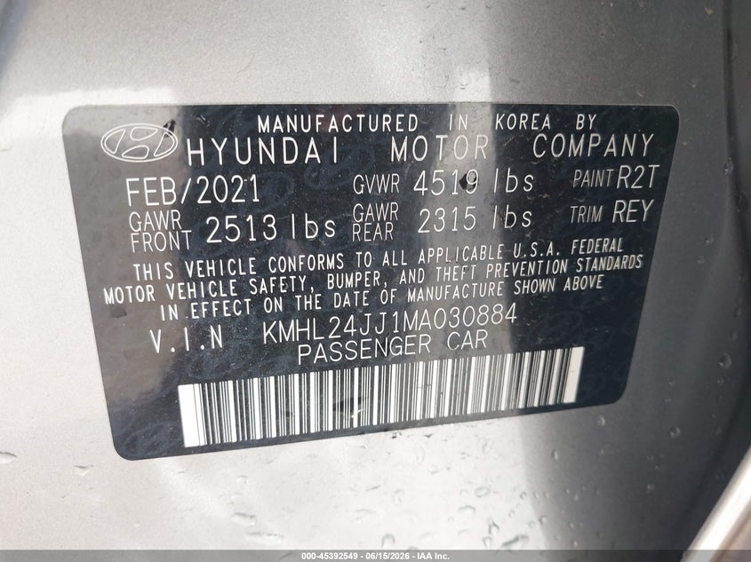 2021 Hyundai Sonata VIN KMHL24JJ1MA030884 IAAI salvage auction — ALL OVER, Sf97 (New Hampshire), sold $2,250 on 2026-07-23 (photo 9)