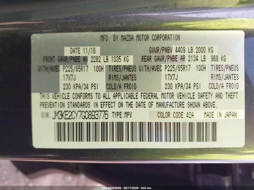 2016 Mazda Cx-5 VIN JM3KE2CY7G0893776 IAAI salvage auction — STORM DAMAGE, Salvage Title, sold $2,150 on 2026-07-30 (photo 9)
