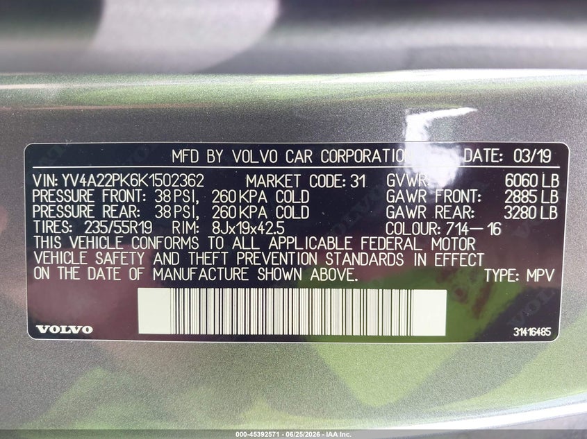 2019 Volvo Xc90 VIN YV4A22PK6K1502362 IAAI salvage auction — REAR END, Salvage Title, sold $7,500 on 2026-07-12 (photo 9)