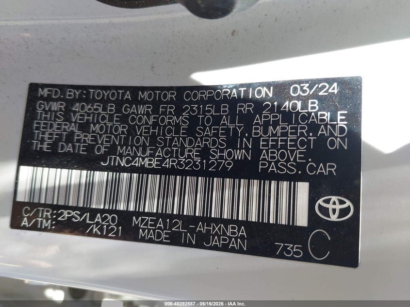 2024 Toyota Corolla VIN JTNC4MBE4R3231279 IAAI salvage auction — LEFT SIDE, Salvage Title, sold $6,200 on 2026-07-22 (photo 9)