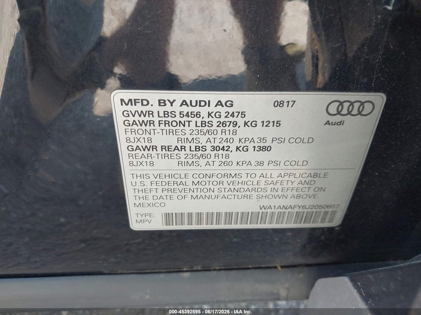 2018 Audi Q5 VIN WA1ANAFY6J2050667 IAAI salvage auction — ELECTRICAL, Salvage Title, sold $25 on 2026-07-28 (photo 9)