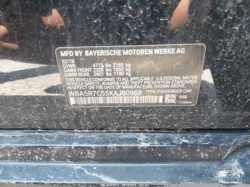 2019 BMW 3er VIN WBA5R7C55KAJ80968 IAAI salvage auction — LEFT REAR, Junk (Oklahoma), sold $5,950 on 2026-07-14 (photo 9)