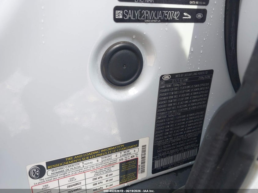 2018 Land rover Range rover velar VIN SALYL2RVXJA750742 IAAI salvage auction — FRONT END, Salvage (Georgia), sold $9,000 on 2026-07-26 (photo 9)