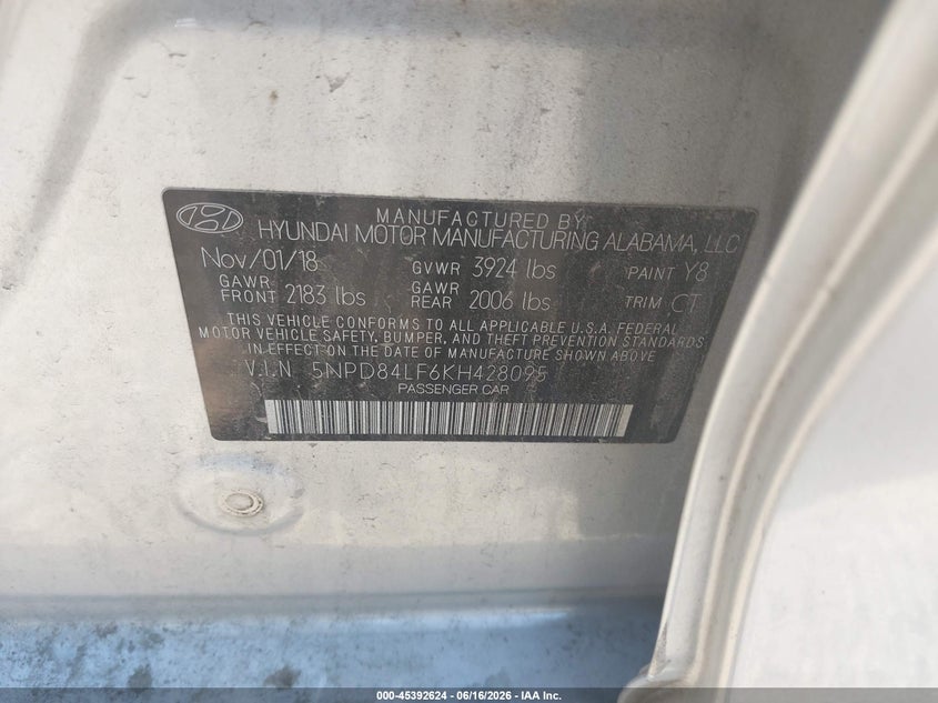 2019 Hyundai Elantra VIN 5NPD84LF6KH428095 IAAI salvage auction — FRONT END, Salvage (Idaho), sold $1,500 on 2026-07-30 (photo 9)