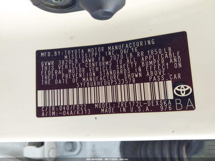 2016 Toyota Corolla VIN 5YFBURHE0GP533578 IAAI salvage auction — SIDE, Salvage Title, sold $3,450 on 2026-07-30 (photo 9)