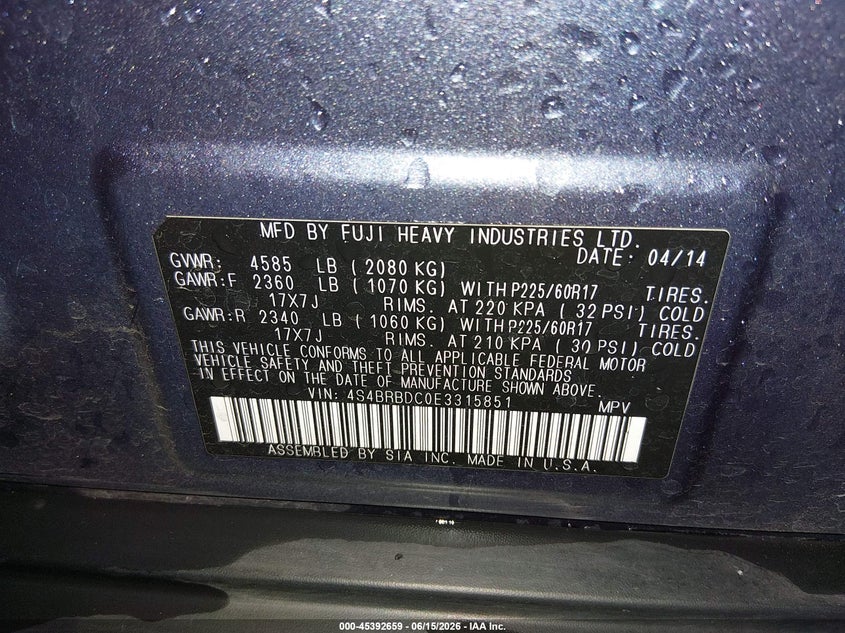 2014 Subaru Outback VIN 4S4BRBDC0E3315851 IAAI salvage auction — LEFT FRONT, Salvage (Idaho), sold $1,400 on 2026-07-10 (photo 9)