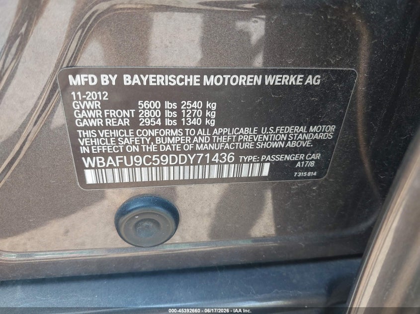 2013 BMW 5er VIN WBAFU9C59DDY71436 IAAI salvage auction — NORMAL WEAR, Clear (New York), sold $575 on 2026-07-14 (photo 9)
