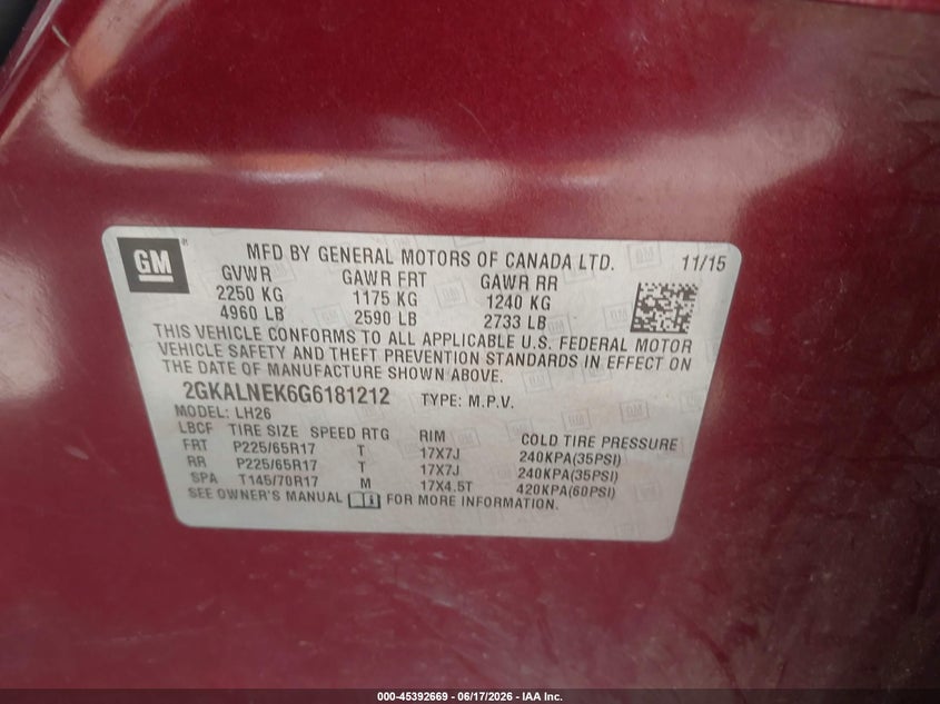 2016 Gmc Terrain VIN 2GKALNEK6G6181212 IAAI salvage auction — LEFT FRONT, Clear (Oklahoma), sold $1,300 on 2026-07-29 (photo 9)