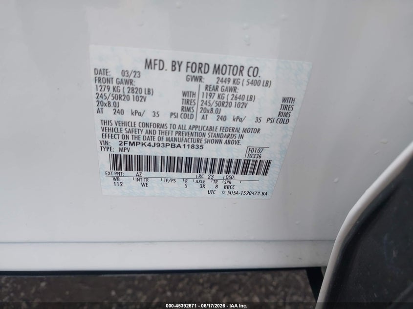 2023 Ford Edge VIN 2FMPK4J93PBA11835 IAAI salvage auction — FRONT END, Salvage (Louisiana), sold $7,525 on 2026-07-28 (photo 9)