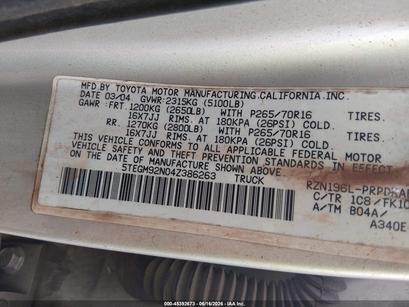2004 Toyota Tacoma VIN 5TEGM92N04Z386263 IAAI salvage auction — LEFT SIDE, Salvage (South Carolina), sold $2,050 on 2026-07-28 (photo 9)