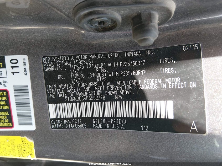 2015 Toyota Sienna VIN 5TDKK3DC4FS582778 IAAI salvage auction — RIGHT FRONT, Salvage (Ohio), sold $3,075 on 2026-07-14 (photo 9)