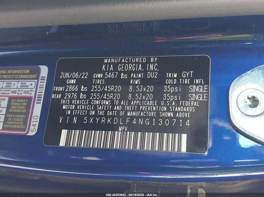 2022 Kia Sorento VIN 5XYRKDLF4NG130714 IAAI salvage auction — REAR END, Bill Of Sale (Washington), sold $6,550 on 2026-07-15 (photo 9)