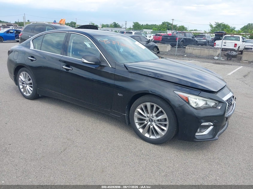 2019 Infiniti Q50 VIN JN1EV7AR8KM558187 IAAI salvage auction — LEFT FRONT, Clear (New Jersey), sold $6,000 on 2026-07-27 (photo 1)