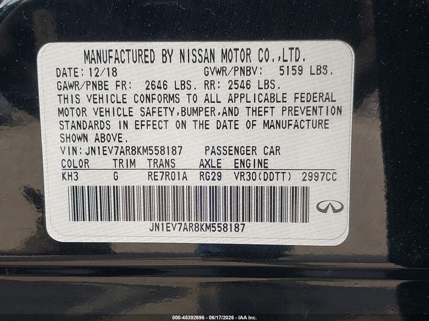 2019 Infiniti Q50 VIN JN1EV7AR8KM558187 IAAI salvage auction — LEFT FRONT, Clear (New Jersey), sold $6,000 on 2026-07-27 (photo 9)