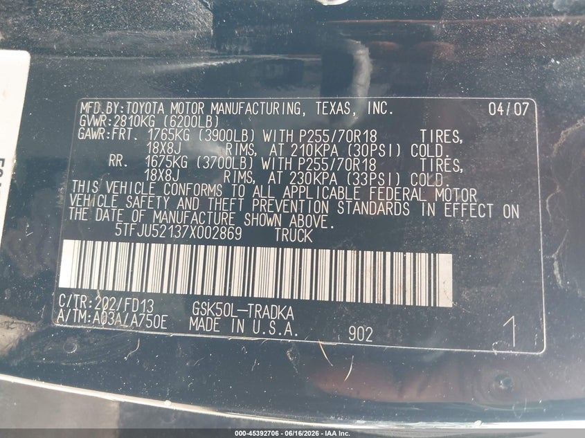 2007 Toyota Tundra VIN 5TFJU52137X002869 IAAI salvage auction — LEFT SIDE, Salvage (Texas), sold $1,750 on 2026-07-23 (photo 9)