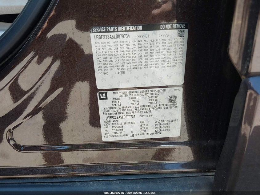 2020 Buick Envision VIN LRBFX2SA5LD079734 IAAI salvage auction — RIGHT SIDE, Salvage (Connecticut), sold $3,150 on 2026-07-16 (photo 9)