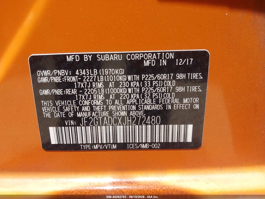 2018 Subaru VIN JF2GTADCXJH272480 IAAI salvage auction — NORMAL WEAR, Salvage (California), sold $2,650 on 2026-07-29 (photo 9)