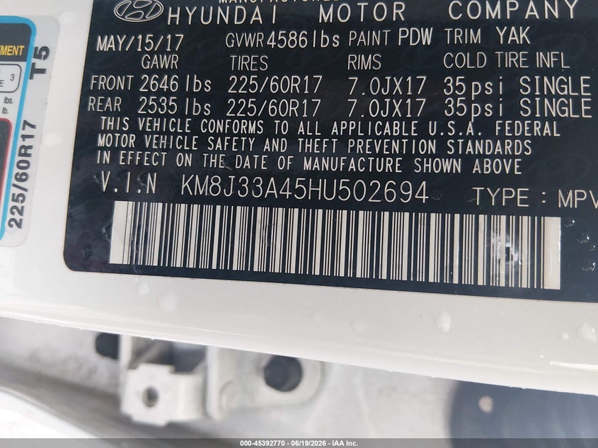 2017 Hyundai Tucson VIN KM8J33A45HU502694 IAAI salvage auction — FRONT END, Salvage (South Carolina), sold $2,050 on 2026-07-29 (photo 9)
