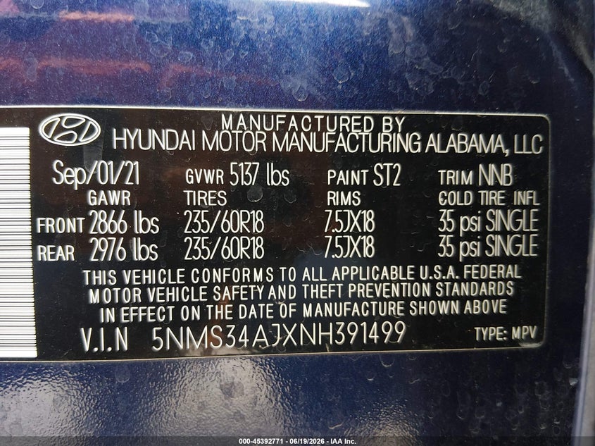 2022 Hyundai Santa fe VIN 5NMS34AJXNH391499 IAAI salvage auction — FRONT END, Salvage Title, sold $4,600 on 2026-07-26 (photo 9)