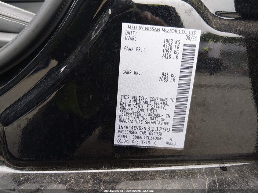 2025 Nissan Altima VIN 1N4BL4EV6SN313299 IAAI salvage auction — RIGHT FRONT, Salvage Title, sold $7,700 on 2026-07-30 (photo 9)