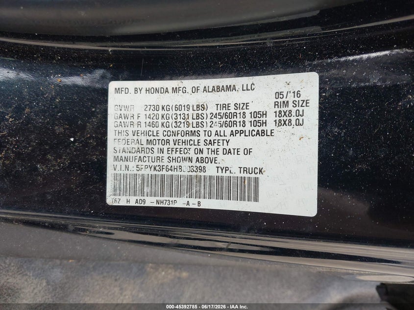2017 Honda Ridgeline VIN 5FPYK3F64HB003398 IAAI salvage auction — SIDE, Salvage Title, sold $3,150 on 2026-07-20 (photo 9)