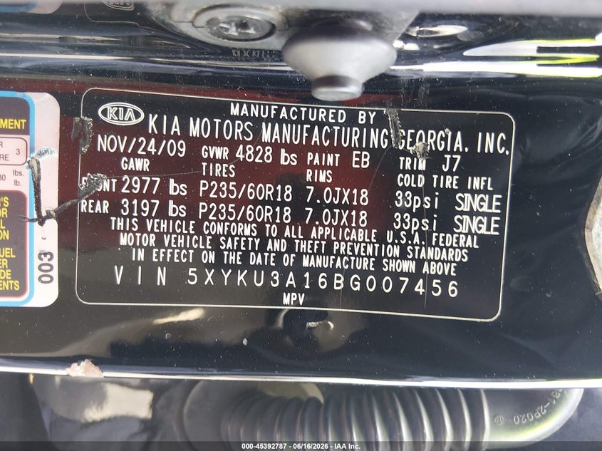 2011 Kia Sorento VIN 5XYKU3A16BG007456 IAAI salvage auction — LEFT FRONT, Rebuildable (Florida), sold $1,150 on 2026-07-16 (photo 9)