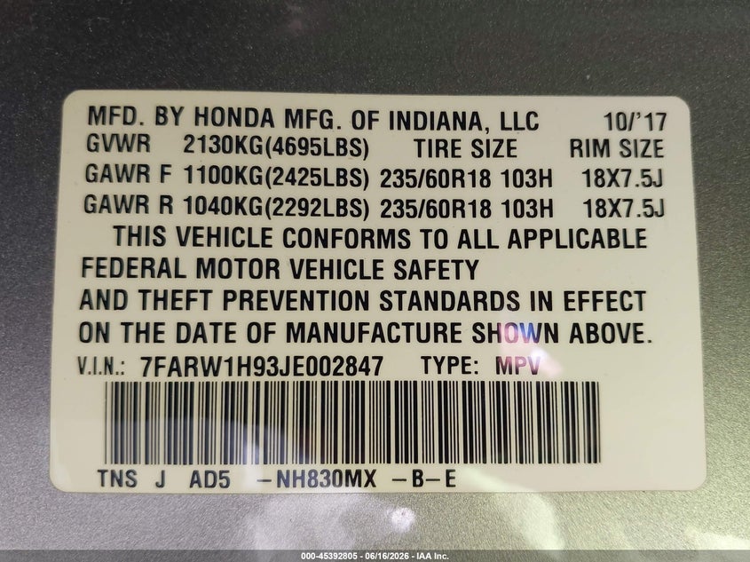 2018 Honda Cr-v VIN 7FARW1H93JE002847 IAAI salvage auction — FRONT END, Salvage Title, sold $5,500 on 2026-07-28 (photo 9)