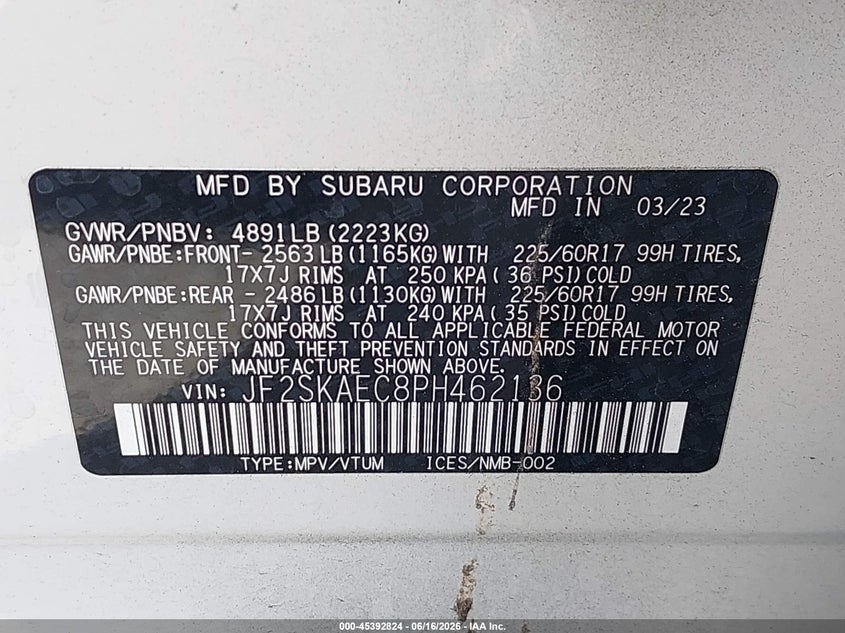 2023 Subaru Forester VIN JF2SKAEC8PH462136 IAAI salvage auction — FRONT & REAR, Rebuildable (Florida), sold $6,000 on 2026-07-13 (photo 9)