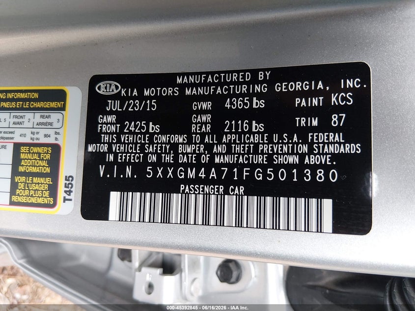 2015 Kia Optima VIN 5XXGM4A71FG501380 IAAI salvage auction — NORMAL WEAR, Clear (South Carolina), sold $800 on 2026-07-28 (photo 9)