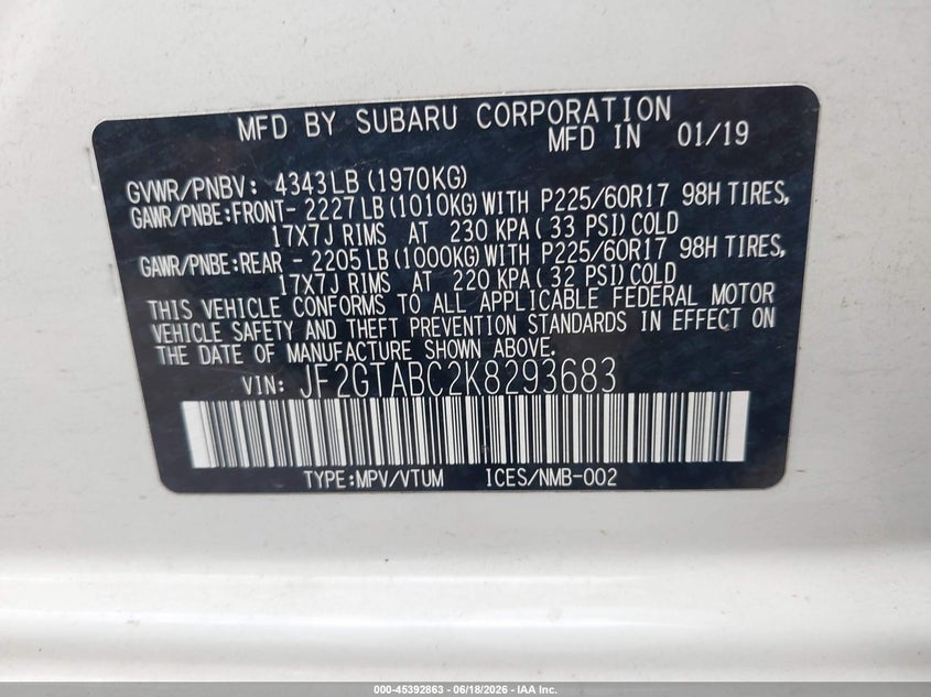 2019 Subaru Xv VIN JF2GTABC2K8293683 IAAI salvage auction — ROLLOVER, Salvage (Missouri), sold $950 on 2026-07-22 (photo 9)