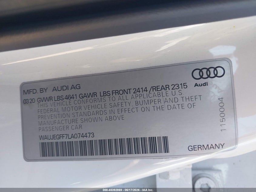 2020 Audi A3 VIN WAUJEGFF7LA074473 IAAI salvage auction — FRONT END, Salvage (Virginia), sold $7,575 on 2026-07-14 (photo 9)