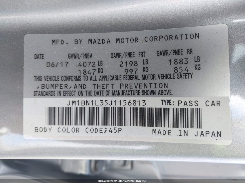 2018 Mazda 3 VIN JM1BN1L35J1156813 IAAI salvage auction — FRONT END, Bill Of Sale (Washington), sold $2,750 on 2026-07-08 (photo 9)