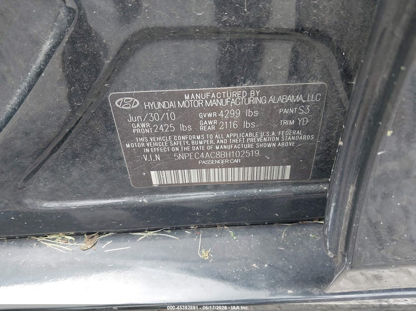 2011 Hyundai Sonata VIN 5NPEC4AC8BH102519 IAAI salvage auction — NORMAL WEAR, Original (Kentucky), sold $325 on 2026-07-28 (photo 9)